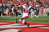 COLUMBUS, OH - NOVEMBER 5: Stephen Houston #12 of the Indiana Hoosiers celebrates his five-yard touchdown run in the first half against the Ohio State Buckeyes at Ohio Stadium on November 5, 2011 in Columbus, Ohio. (Photo by Jamie Sabau/Getty Images)