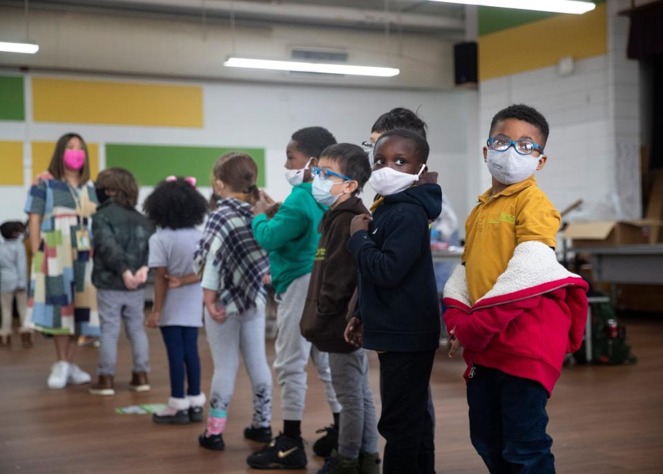 Libertas School of Memphis students stand in line for their Covid-19 test on Thursday, March 18, 2021.