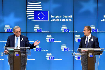 European Commission President Jean-Claude Juncker and European Council President Donald Tusk hold a joint news conference during a European Union leaders summit in Brussels, Belgium, March 22, 2018. REUTERS/Eric Vidal/Pool