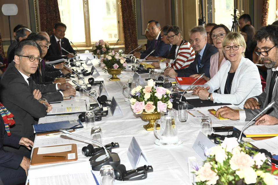 Sweden's Foreign Minister Margot Wallstrom, second right, hosts the meeting on nuclear disarmament and the non-proliferation treaty, at the Grand Hotel in Stockholm, Tuesday June 11, 2019. (Claludio Bresciani/TT via AP)