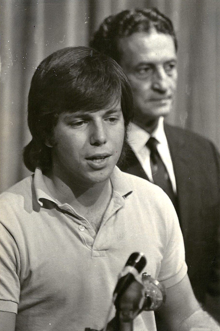 In this 1971 file photo, Ron Sachs, the former editor of the Florida Alligator, talks at a press conference after he is released from jail over publishing a list of abortion counseling services, which at the time was illegal. University of Florida president Stephen C. O'Connell is seen behind Sachs at the press conference. This incident and other issues over censorship caused a riff between the school newspaper and UF which ultimately lead the a split between the two. The newspaper later became the Independent Florida Alligator.