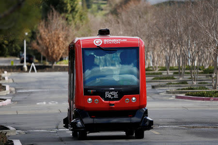 An EasyMile EZ10 shared autonomous vehicle carries passengers on a road at the Bishop Ranch business park during a deployment demonstration in San Ramon, California March 6, 2017. REUTERS/Stephen Lam