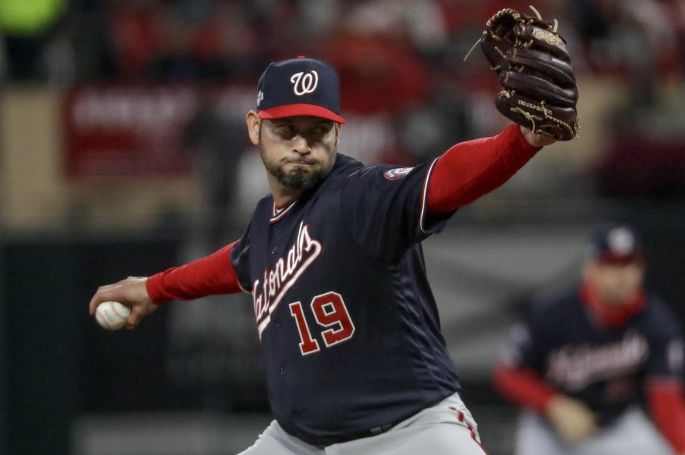 Washington Nationals starting pitcher Anibal Sanchez throws during the fifth inning of Game 1 of the baseball National League Championship Series against the St. Louis Cardinals Friday, Oct. 11, 2019, in St. Louis. (AP Photo/Mark Humphrey)