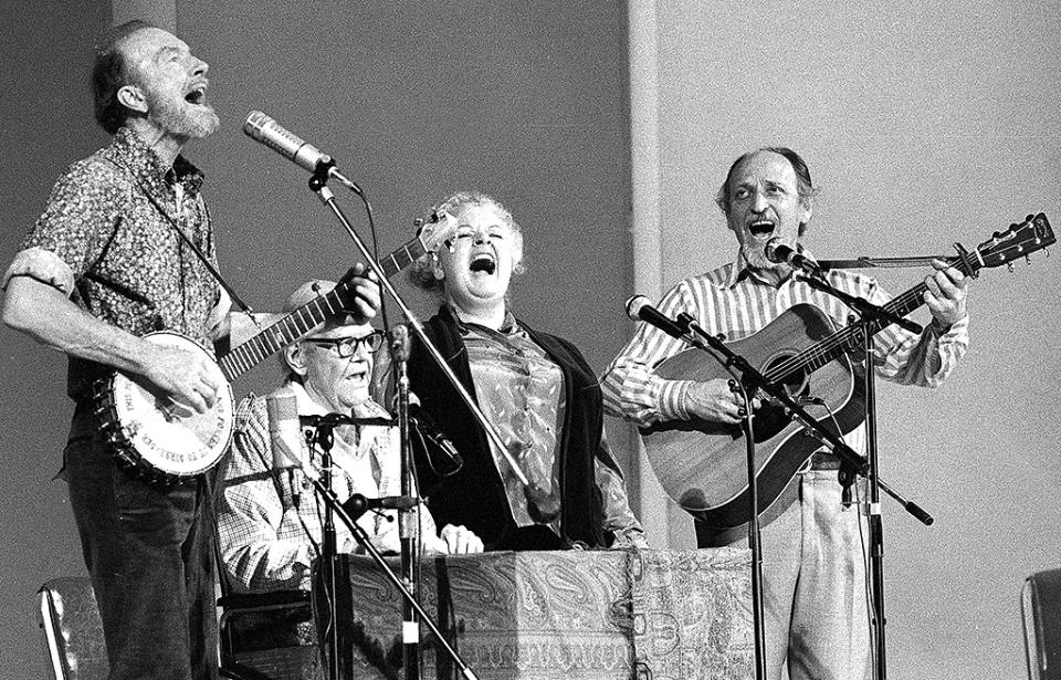 Fred Hellerman (far right) was an American folk singer, guitarist, producer, and songwriter, and the last surviving member of the Weavers. He died Sept. 1 at age 89. (AP Photo/Richard Drew, File)