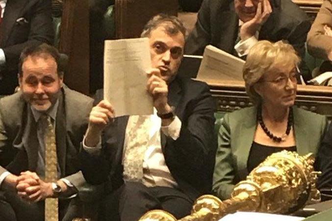 Chief Whip Julian Smith was pictured holding a piece of paper up to Mr Corbyn (Stella Creasy)