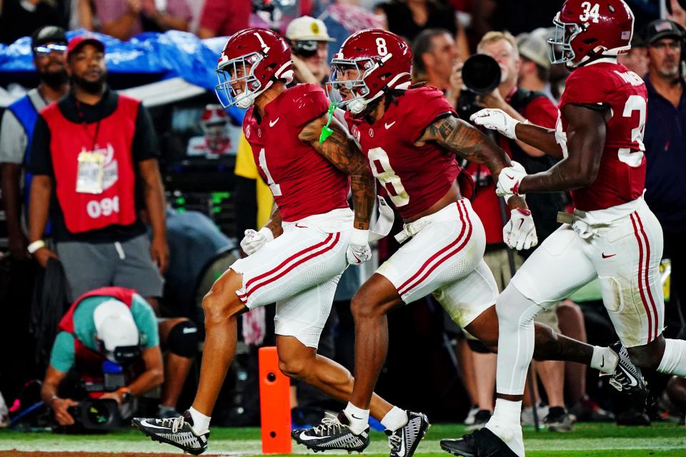 Sep 28, 2024; Tuscaloosa, Alabama, USA; Alabama Crimson Tide defensive back Domani Jackson (1) celebrates after making an interception during the first quarter against the Georgia Bulldogs at Bryant-Denny Stadium. Mandatory Credit: John David Mercer-Imagn Images