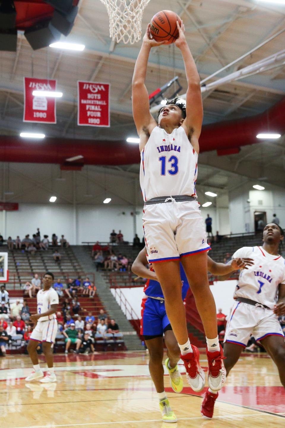 Indiana Javan Buchanan (13) goes up for a dunk during the Boys High School All-Star basketball game as Kentucky vs Indiana, Jun 11, 2022; Indianapolis, IN, USA;  at Southport Fieldhouse.