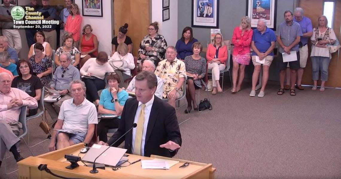 Sen. Tom Davis addresses the Hilton Head Town Council on Sept. 20. Davis said he hopes to serve as a mediator between town and county interests on the U.S. 278 project.