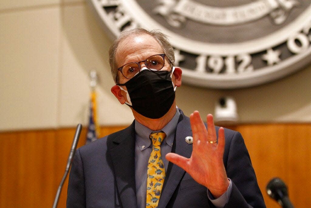 Democratic Senate Majority Leader Peter Wirth speaks following the end of New Mexico's annual legislative session on Saturday, March 20, 2021, in Santa Fe, New Mexico.