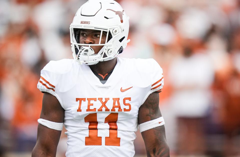 Texas edge rusher Colin Simmons warms up ahead of the Orange-White Game Saturday at  Royal-Memorial Stadium. Simmons, a 5-star freshman, had a sack and three tackles in the game.