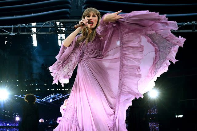 <p>Carlos Alvarez/Getty Images</p> Taylor Swift performs in Amsterdam on July 4, 2024.