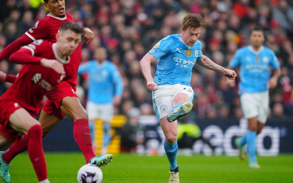 Manchester City's Kevin De Bruyne makes an attempt to score during the English Premier League soccer match between Liverpool and Manchester City, at Anfield stad