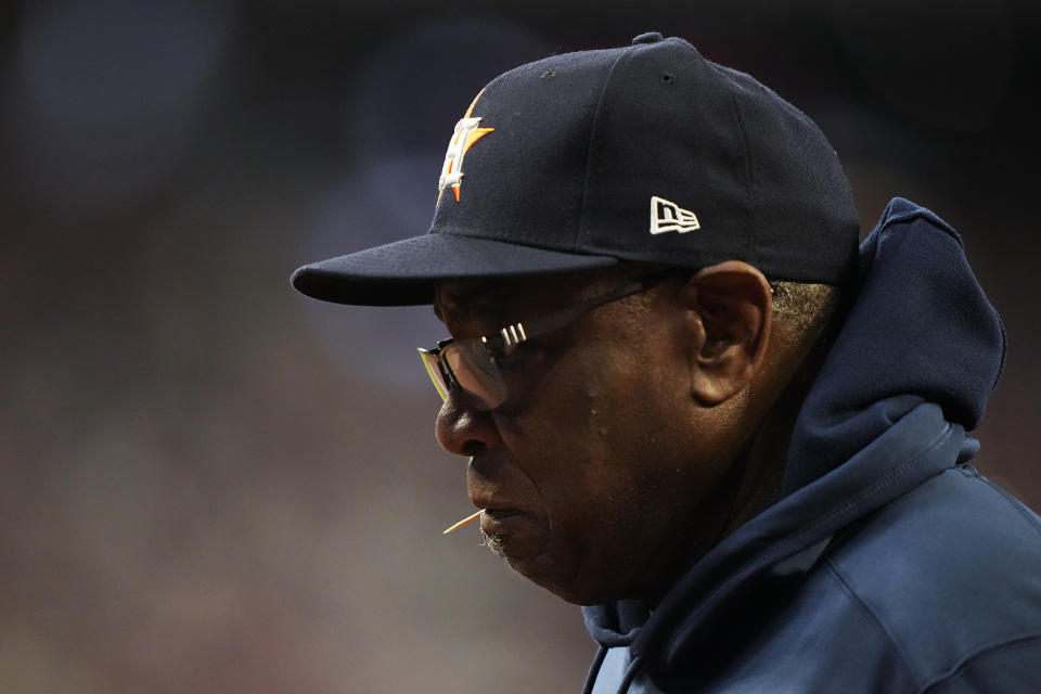 Houston Astros manager Dusty Baker Jr. watches with a toothpick in his mouth during the third inning in Game 5 of baseball's World Series between the Houston Astros and the Atlanta Braves Sunday, Oct. 31, 2021, in Atlanta. (AP Photo/David J. Phillip)