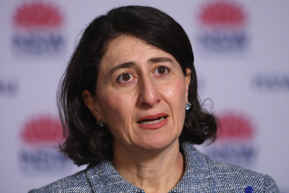 NSW Premier Gladys Berejiklian addresses media during a press conference in Sydney, Saturday, August 21, 2021.