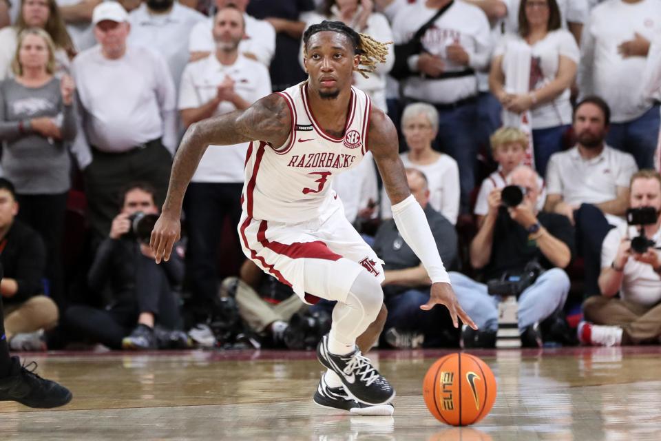 Nov 29, 2023; Fayetteville, Arkansas, USA; Arkansas Razorbacks guard El Ellis (3) dribbles during the second half against the Duke Blue Devils at Bud Walton Arena. Arkansas won 80-75. Mandatory Credit: Nelson Chenault-USA TODAY Sports