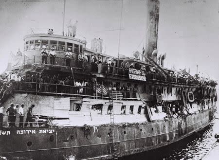 Illegal Jewish immigrants from Europe are seen on the ship "Exodus" in Haifa port in this March 22, 1947 file photo released by the Israeli Government Press Office (GPO) and obtained by Reuters on June 18, 2018. GPO/Frank Shershel/Handout via REUTERS