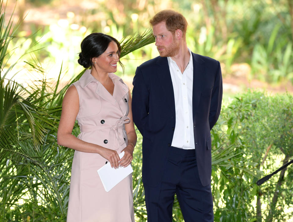 JOHANNESBURG, SOUTH AFRICA - OCTOBER 02: Meghan, Duchess of Sussex and Prince Harry, Duke of Sussex attend a reception to celebrate the UK and South Africa’s important business and investment relationship at the High Commissioner’s Residence during their royal tour of South Africa on October 02, 2019 in Johannesburg, South Africa. (Photo by Karwai Tang/WireImage)