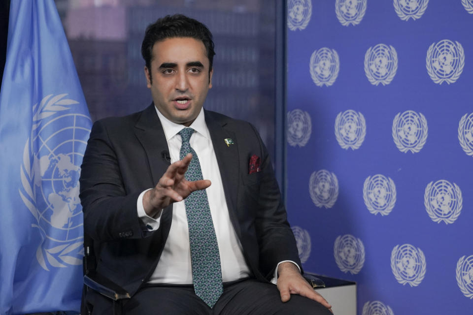 Pakistani Foreign Minister Bilawal Bhutto Zardari speaks during an interview with The Associated Press, Thursday, March 9, 2023 at United Nations headquarters. (AP Photo/Mary Altaffer)