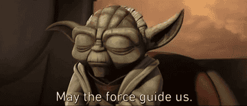 Animated Yoda with subtitle text "May the force guide us"