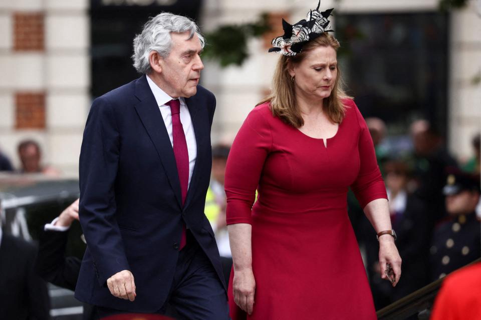 Britain's former prime minister Gordon Brown and his wife Sarah arrive to the National Service of Thanksgiving for The Queen's reign at Saint Paul's Cathedral in London on June 3, 2022 as part of Queen Elizabeth II's platinum jubilee celebrations. - Queen Elizabeth II kicked off the first of four days of celebrations marking her record-breaking 70 years on the throne, to cheering crowds of tens of thousands of people. But the 96-year-old sovereign's appearance at the Platinum Jubilee -- a milestone never previously reached by a British monarch -- took its toll, forcing her to pull out of a planned church service. (Photo by HENRY NICHOLLS / POOL / AFP) (Photo by HENRY NICHOLLS/POOL/AFP via Getty Images)