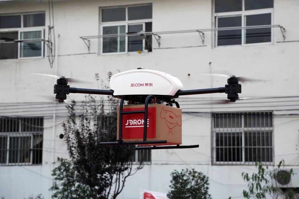 JD.com delivery drone taking off in Suqian