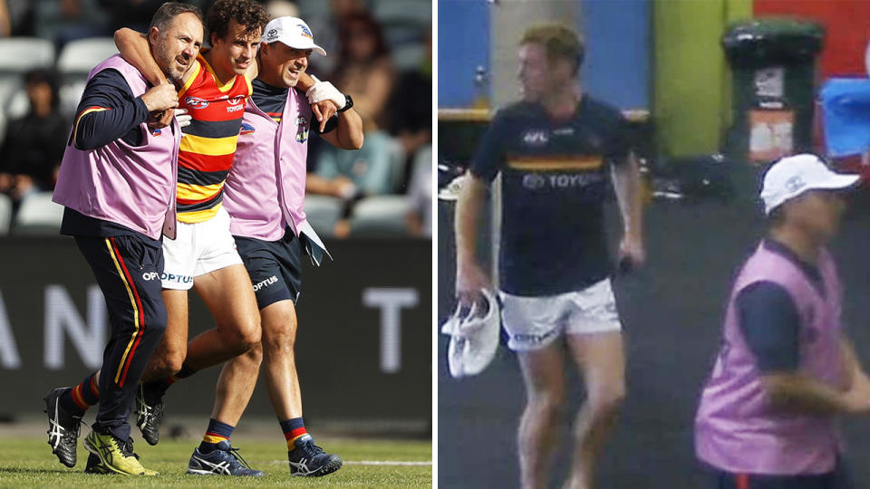 The Adelaide Crows were caught out when defender Will Hamill hurt his ankle, forcing Tom Lynch to come on as the medical substitute despite nursing an injury of his own. Pictures: Getty Images/Fox Footy