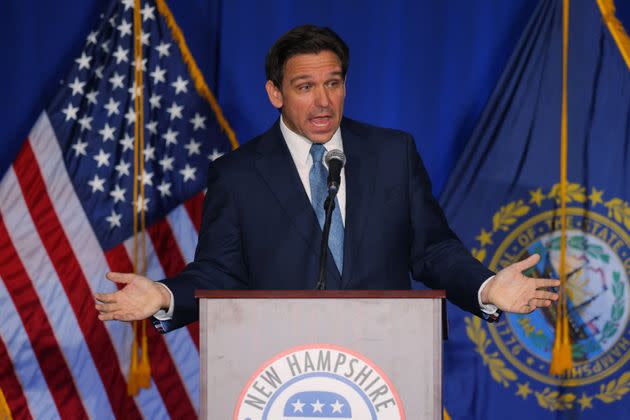 Florida Gov. Ron DeSantis speaks at the 2023 NHGOP Amos Tuck Dinner in Manchester, New Hampshire, on April 14, 2023.