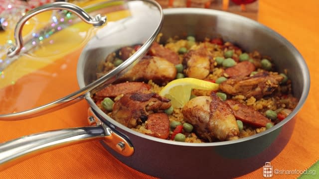 Pan Seared Chicken Paella closeup served on Meyer OPT Steel 24 saute pan