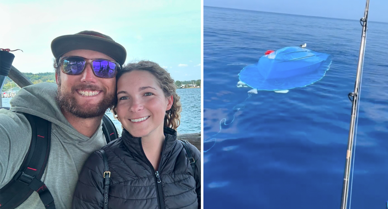 Max pictured smiling, left, and the capsized boat drifting in the ocean, right.