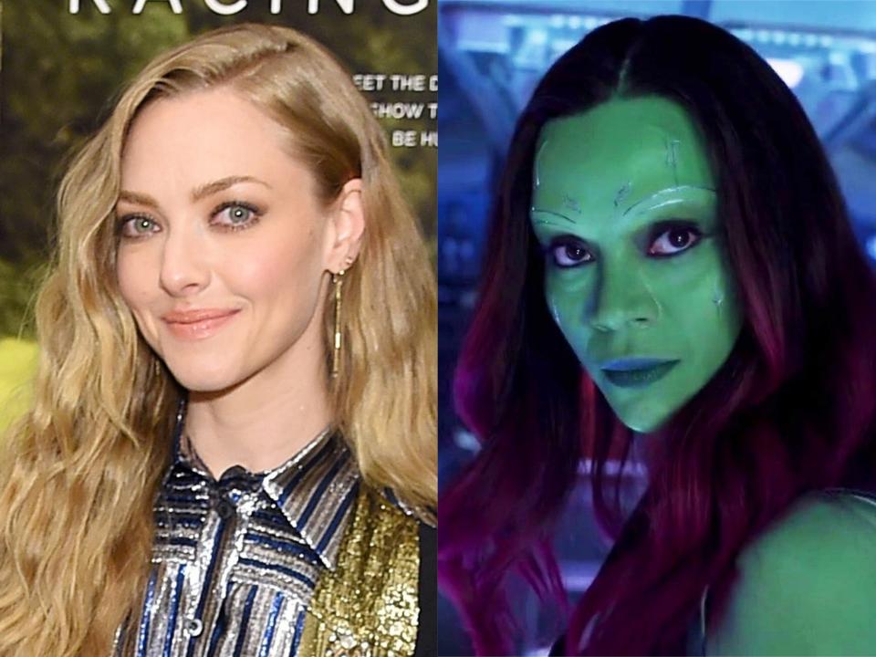 Amanda Seyfried in 2019, and Zoe Saldana in Guardians of the GalaxyJamie McCarthy/Getty Images/Disney