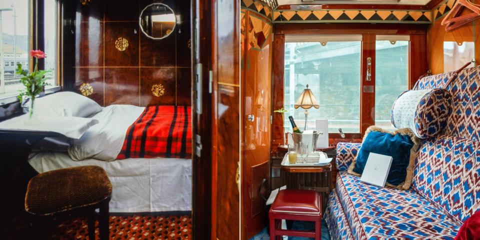 Two photos of historic train cabin interiors