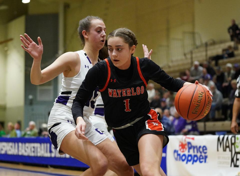 Waterloo's Morgan Caraballo (1) drives the baseline in the girls Class B state semifinal game against Cortland at Hudson Valley Community College in Troy, on Friday, March 17, 2023.