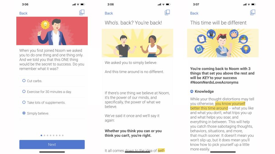 Three screenshots of the Noom app after I signed up for a second subscription.