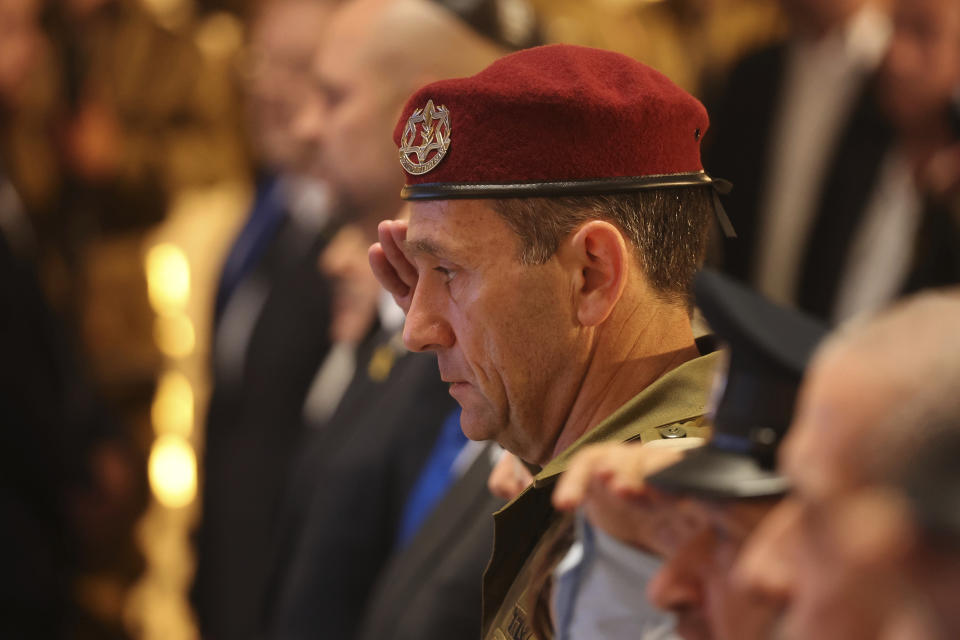 Israeli army chief Herzi Halevi attends a ceremony marking Memorial Day for fallen soldiers of Israel's wars and victims of attacks at Jerusalem's Mount Herzl military cemetery Monday, May 13, 2024. (Gil Cohen-Magen/Pool Photo via AP)