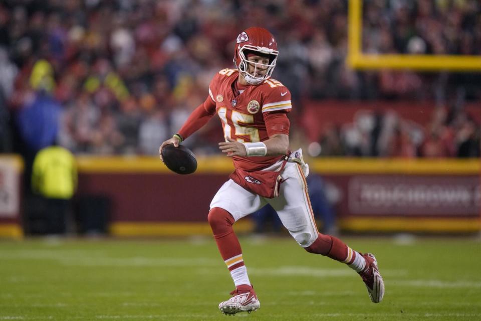 Kansas City Chiefs quarterback Patrick Mahomes looks to pass against the Philadelphia Eagles in November.