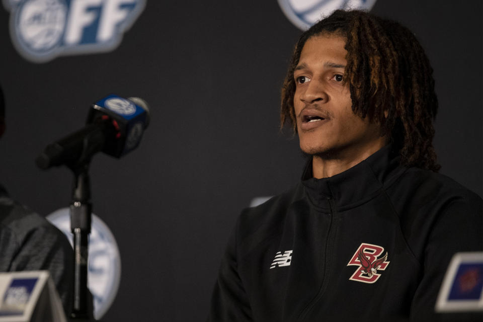 Boston College guard Makai Ashton-Langford speaks during NCAA college basketball Atlantic Coast Conference media day, Tuesday, Oct. 12, 2021, in Charlotte, N.C. (AP Photo/Matt Kelley)