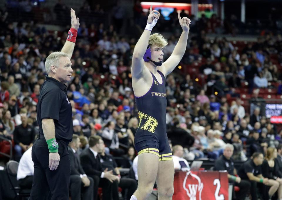 Two Rivers High School's Justin Klinkner reacts to his win over Mauston/Necedah's Espyn Sweers in a Div. 2 175-pound match during the WIAA state individual wrestling championships Saturday, Feb. 24, 2024, at the Kohl Center in Madison.