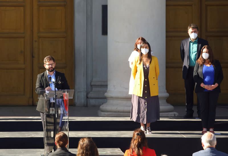 Chilean President-elect Gabriel Boric speaks during the presentation of his first cabinet in Santiago