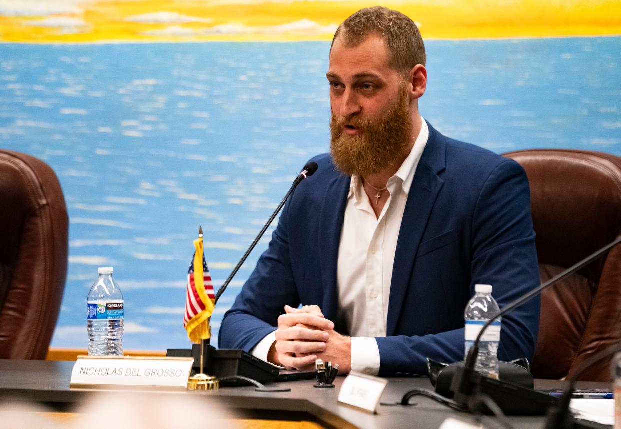 Nicholas Del Rosso speaks during a candidate forum for the mayoral and city council elections at Naples City Hall chambers in Naples on Thursday, Feb. 1, 2024.