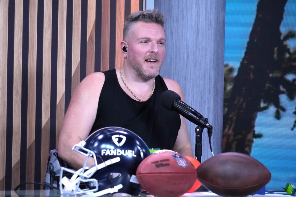 Pat McAfee on the FanDuel set on radio row at the Super Bowl 57 media center at the Phoenix Convention Center.