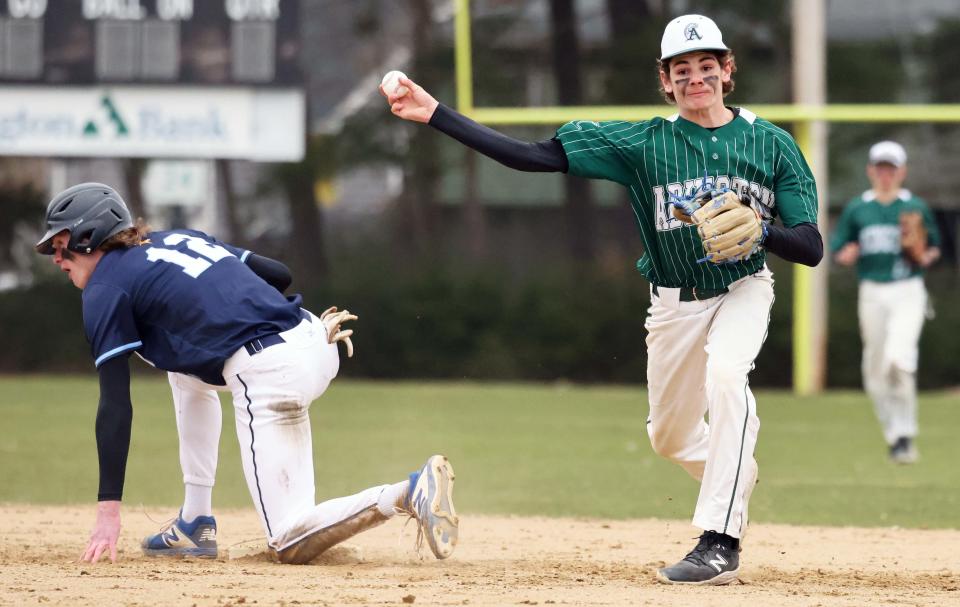 Abington's Ryan Solimini attempts to turn the double play on East Bridgewater's Ray McNaught during a game on Wednesday, April 5, 2023.