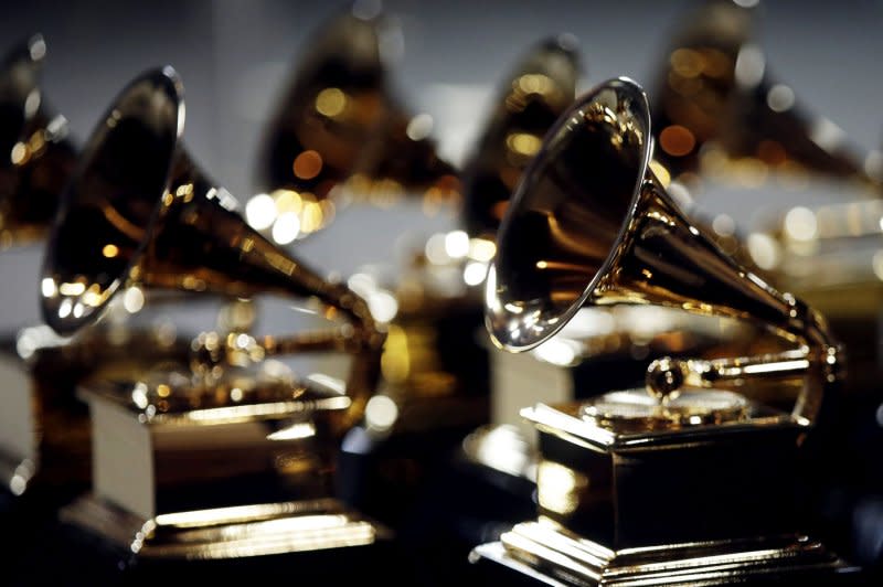 Grammy Awards are on display in the press room at the 60th Annual Grammy Awards ceremony in New York City on January 28. On May 4, 1959, the first Grammy Awards were presented. File Photo by John Angelillo/UPI