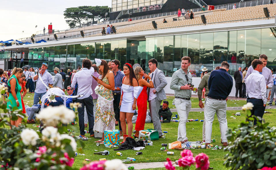 Patrons on the lawn at the Melbourne Cup.