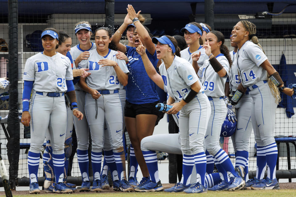 Duke celebrates after a home run by Claire Davidson during an NCAA college softball game against Morgan State, Friday, May 17, 2024, in Durham, N.C. (AP Photo/Ben McKeown)