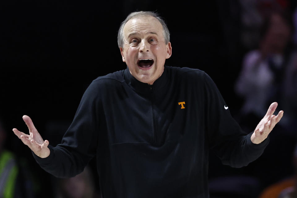 Tennessee coach Rick Barnes reacts to a play during the first half of the team's NCAA college basketball game against Vanderbilt, Wednesday, Feb. 8, 2023, in Nashville, Tenn. (AP Photo/Wade Payne)