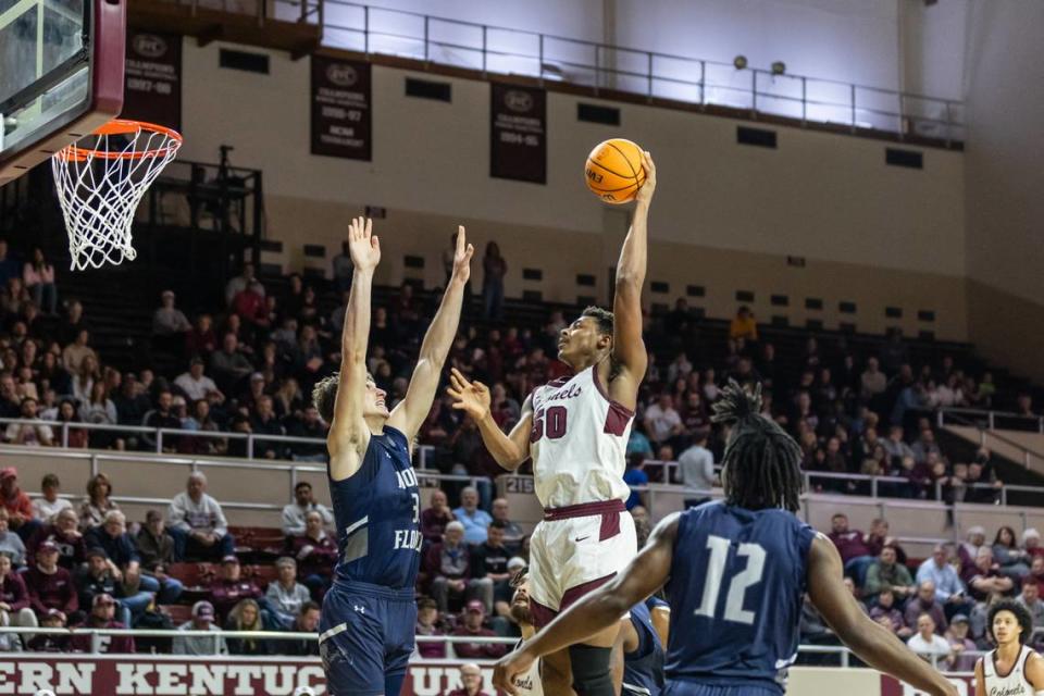 Eastern Kentucky men’s basketball fifth-year center Isaiah Cozart attempts a shot during a home game against North Florida on Jan. 27, 2024. Cozart is averaging 15 points and 10 rebounds per game this season.