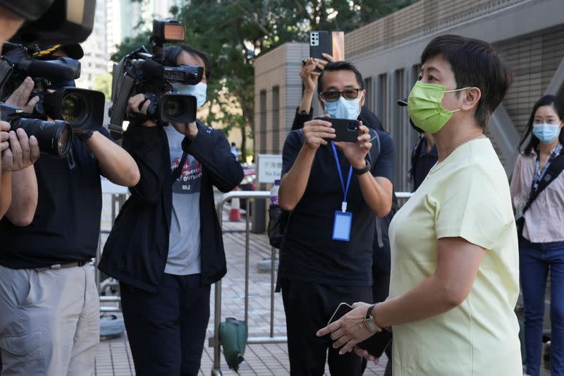 Helena Wong Pik-wan arrives at West Kowloon Magistrates' Courts building to take part in a hearing, in Hong Kong
