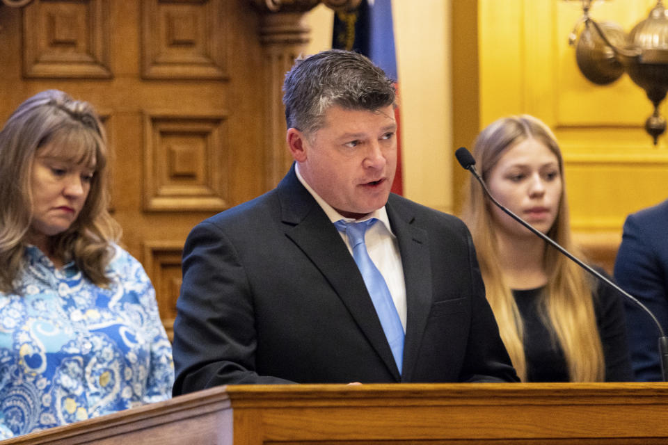 Jason Riley, father of slain nursing student Laken Riley, speaks at the Senate at the Capitol in Atlanta on Wednesday, March 20, 2024. (Arvin Temkar/Atlanta Journal-Constitution via AP)