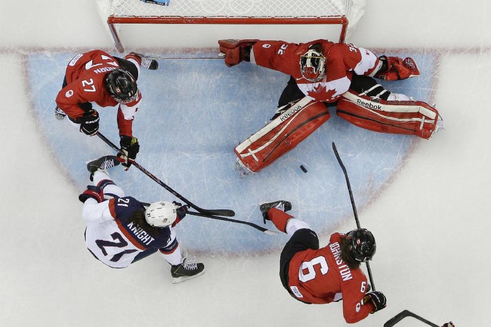 Goalkeeper Charline Labonte of Canada blocks a shot by Hilary Knight of the United States as Tara Watchorn (27) and Rebecca Johnston (6) of Canada help defend the goal during the second period of the 2014 Winter Olympics women's ice hockey game at Shayba Arena, Wednesday, Feb. 12, 2014, in Sochi, Russia. (AP Photo/Julio Cortez)