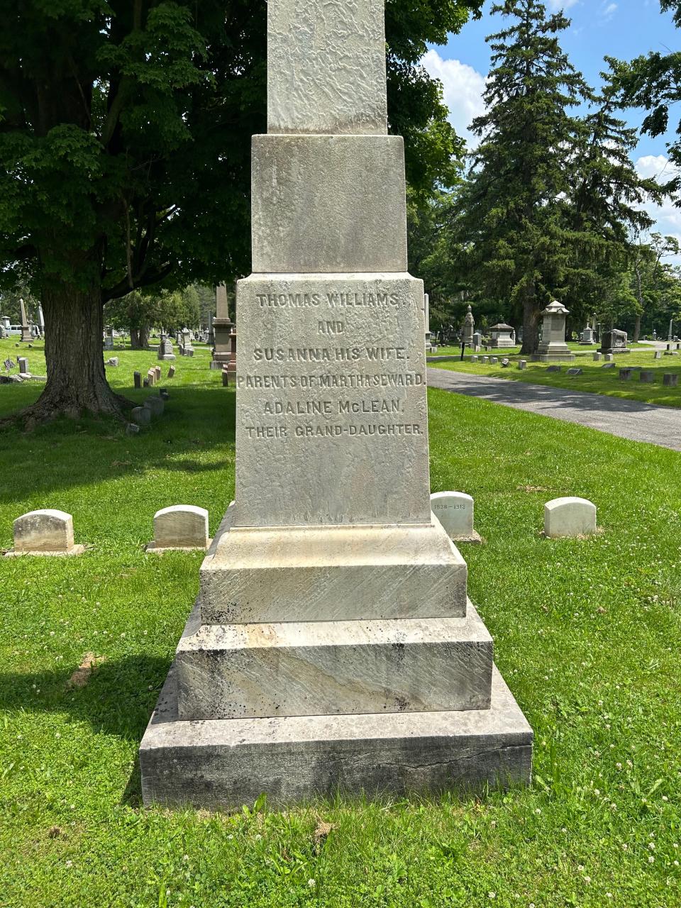 The gravesite of Thomas Williams, a member of the Boston Tea Party and a prominent figure in American history, at Forest Hill Cemetery in Utica.